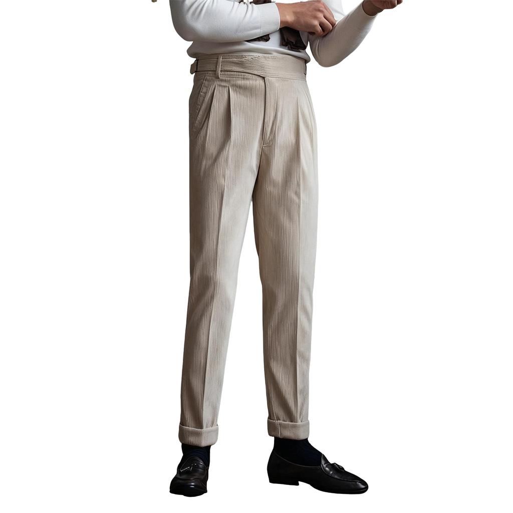 Mens Corduroy Naples Dress Pants Classic Fit Vintage Business Trousers Straight Pleat-Front Pant