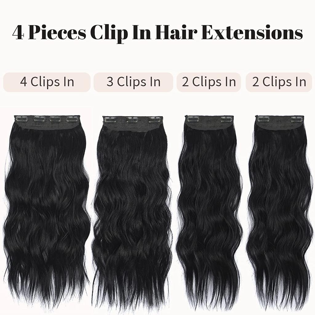 MERISIHAIR Pure Black Women Long Wavy Hair Extensions Synthetic Fiber Natural Wavy 4 Pieces Clip On Hairpiece Daily Wear
