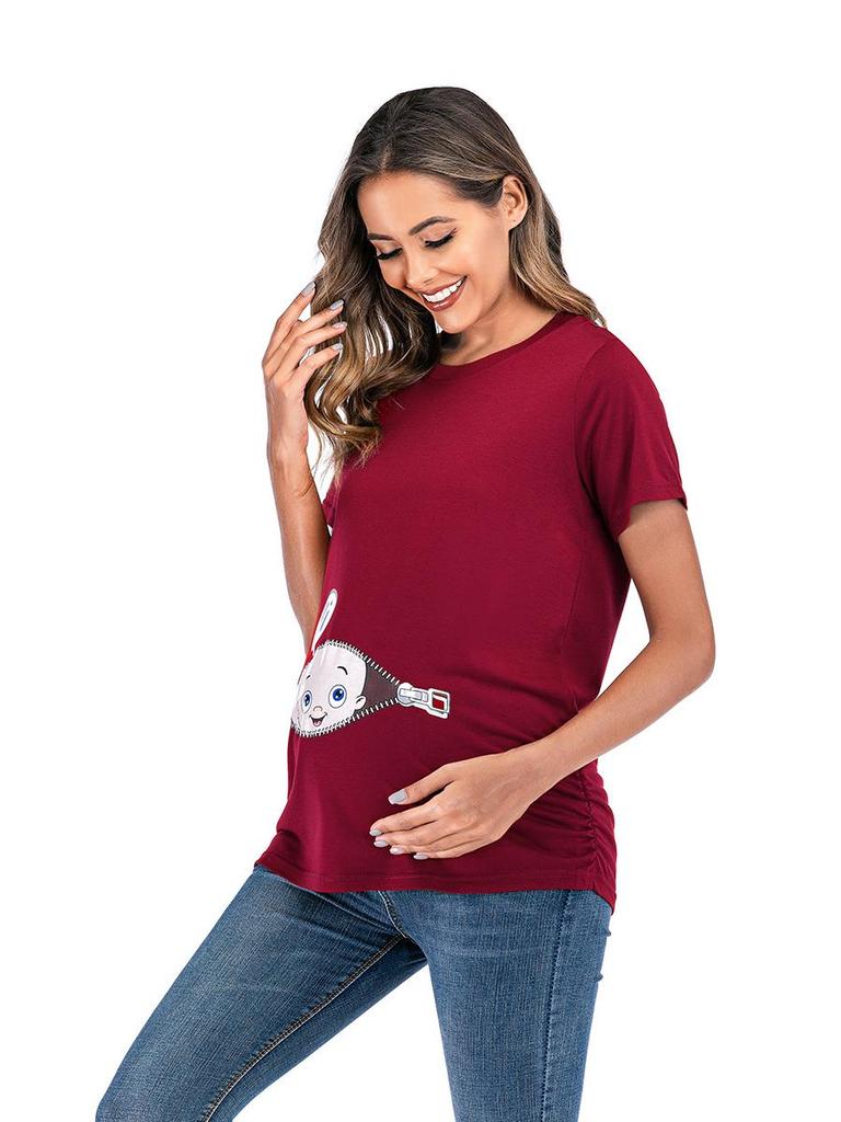 European & American Style Maternity Printed T-Shirt (Round Neck, Short Sleeve)