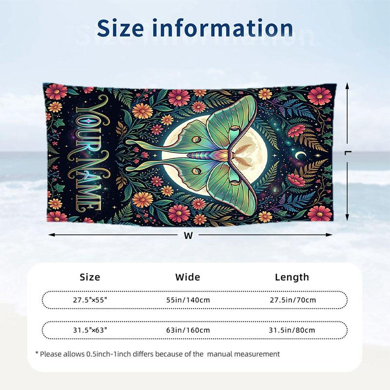 Moonlit Moth Garden 1 Theme Quick Dry Beach Towel Custom Name Text Print Large Sand Resistant Towel Beach Vacation