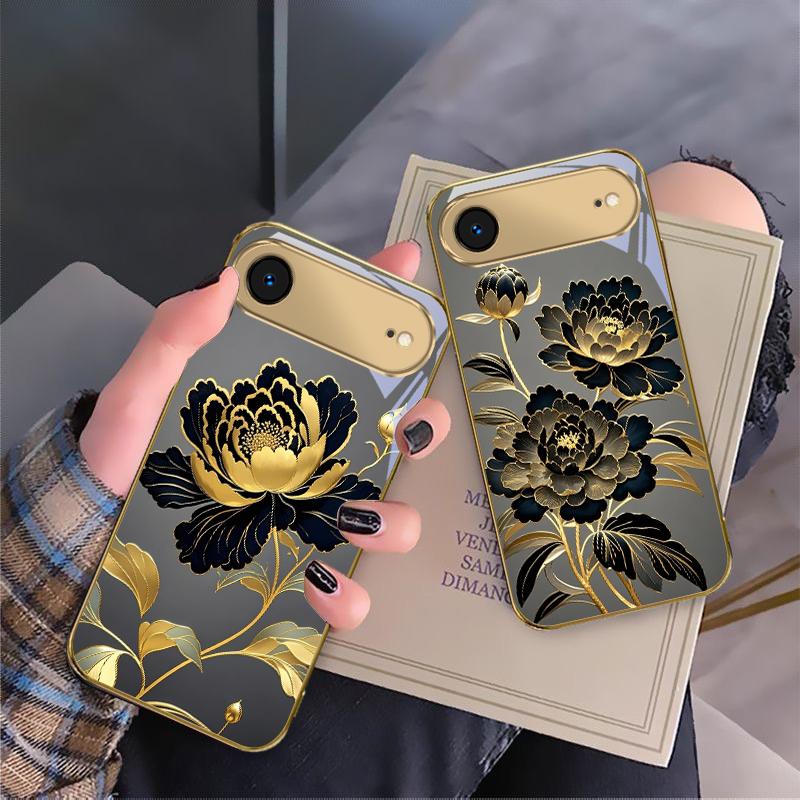 Черно-золотой цветок пиона для iPhone 17 Pro Max 16 17 Pro 15 Pro 14 13 Plus 12 Mini 11 Pro Max XR 16E 17 Air Золотой стеклянный чехол для телефона