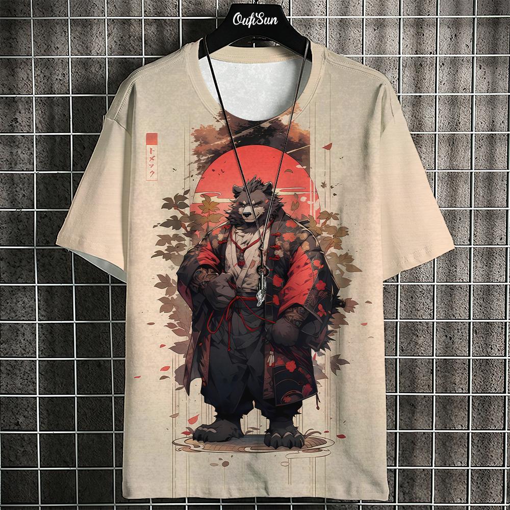 Мужская футболка с 3d Ukiyo-E животным принтом, летняя повседневная футболка большого размера с коротким рукавом для мужчин, модная мужская одежда, винтажная футболка 2024 г.