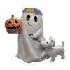 Ghost Walking Dog Halloween Decor Spooky Ghost Dog Figurine Resin Cute Ghost Statue with Pumpkin for Halloween Home Bookshelf Tabletop Decor