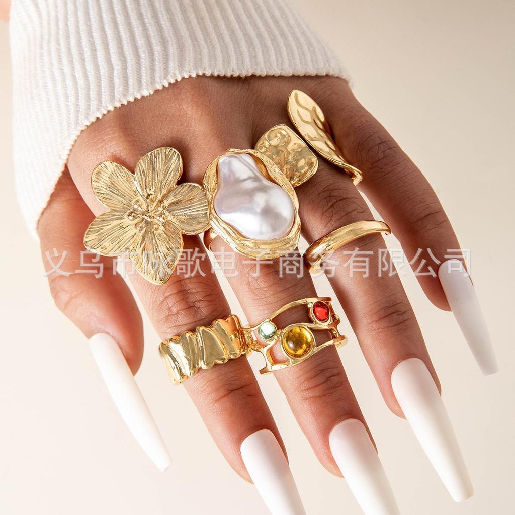 European and American Design Liquid Lava Flower Opening Ring Ins Baroque Imitation Pearl Set Gemstone Ring