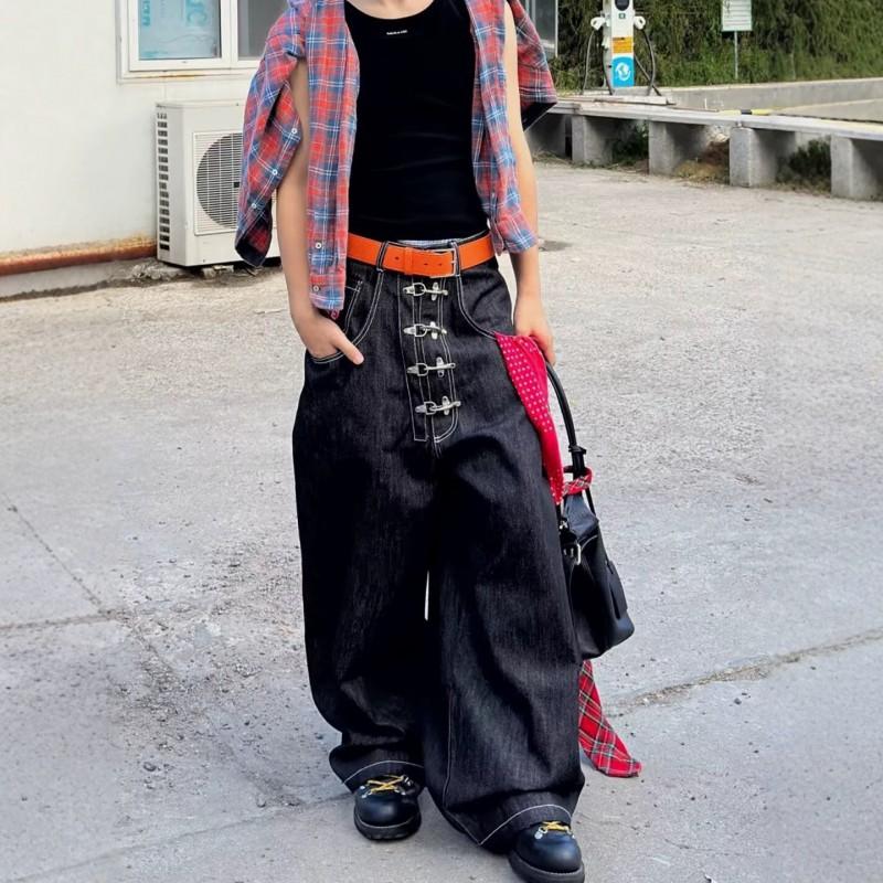 Mens Vintage Washed Baggy Straight Leg Denim Jeans With Metal Rivet Button Fly Loose Fit Casual Pants