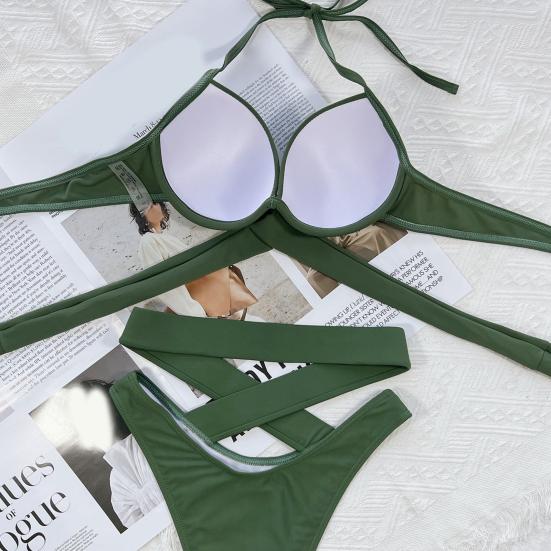 2 Pcs/Set Bathing Suit Solid Color Padded Cross Strap Swimwear Set Spa