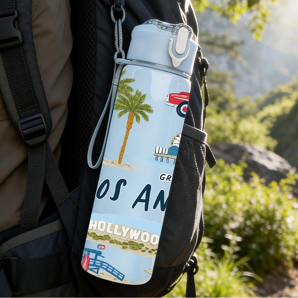 1PC Los Angeles Palm Car Retro Print 750ml Color Plastic Sports Water Bottle Leakproof Flip Straw Lid Suitable for Sports Office Home Use