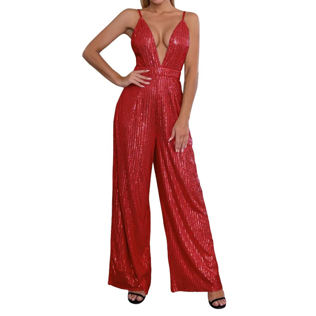 Женский модный повседневный комбинезон с V-образным вырезом, открытой спиной, без рукавов, с пайетками, однотонный