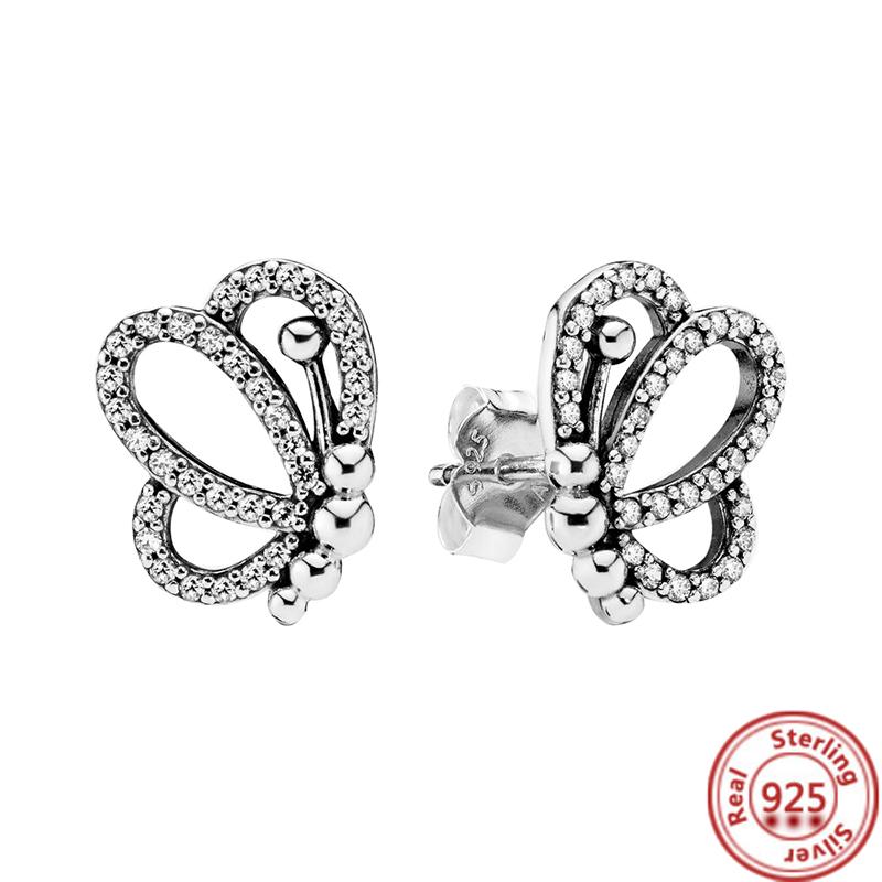 Authentic S925 Sterling Silver Earring Flower Tree Heart Stars Moon Sparkling Pavé Stud Earrings Women Fashion DIY Charms Jewelry