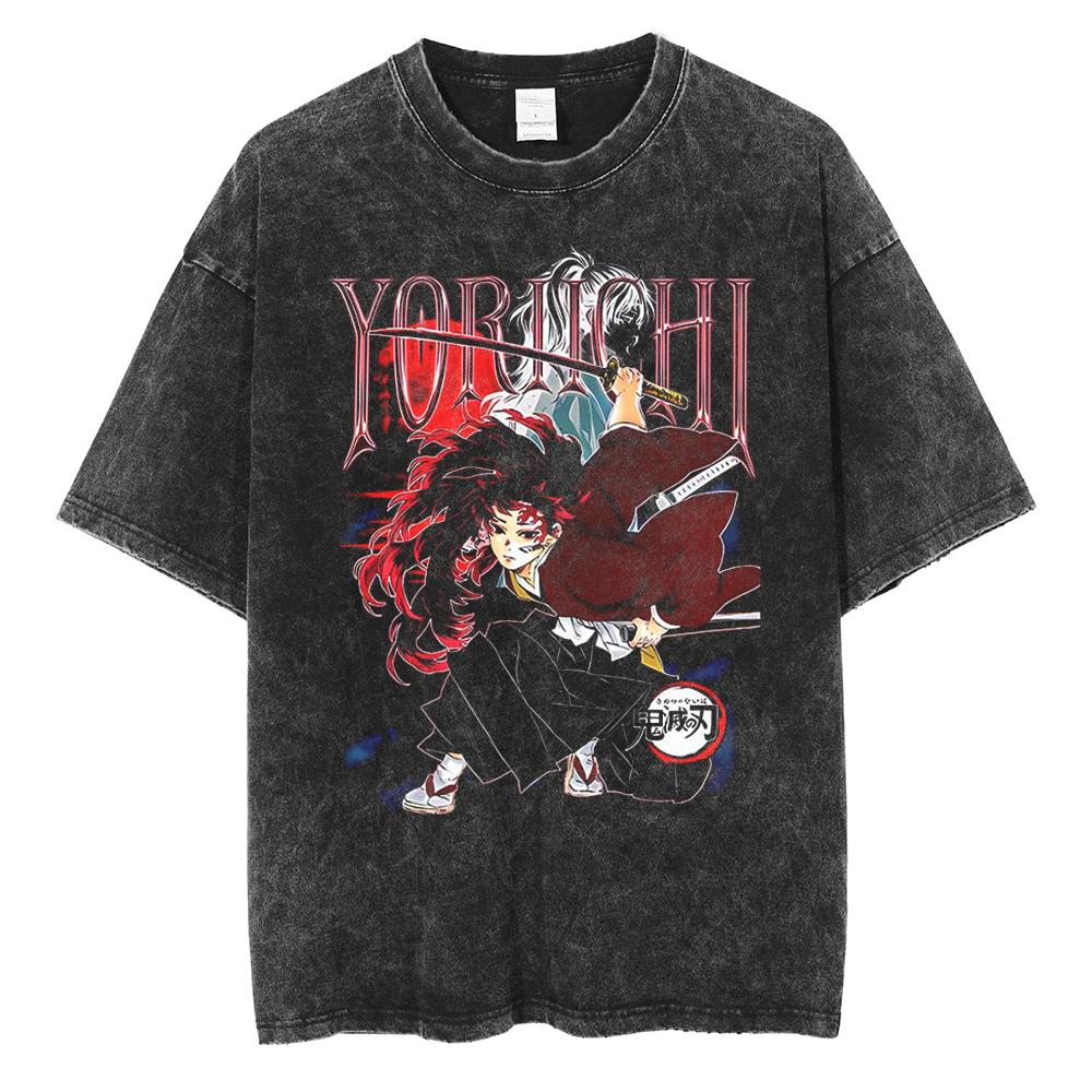 Hot Anime Demon Slayer Kokushibo Graphic Print Washed T Shirt Men Vintage Cotton Tshirts Manga Casual Tee Harajuku Male T-shirt