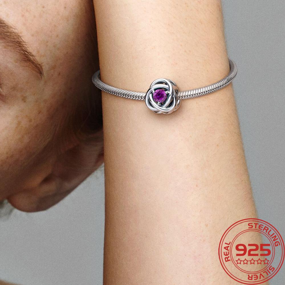 Роскошный серебряный 925 пробы февральский фиолетовый камень рождения вечность круг шарм подходит модный браслет 925 пробы серебряный шарм модные ювелирные изделия для девочек