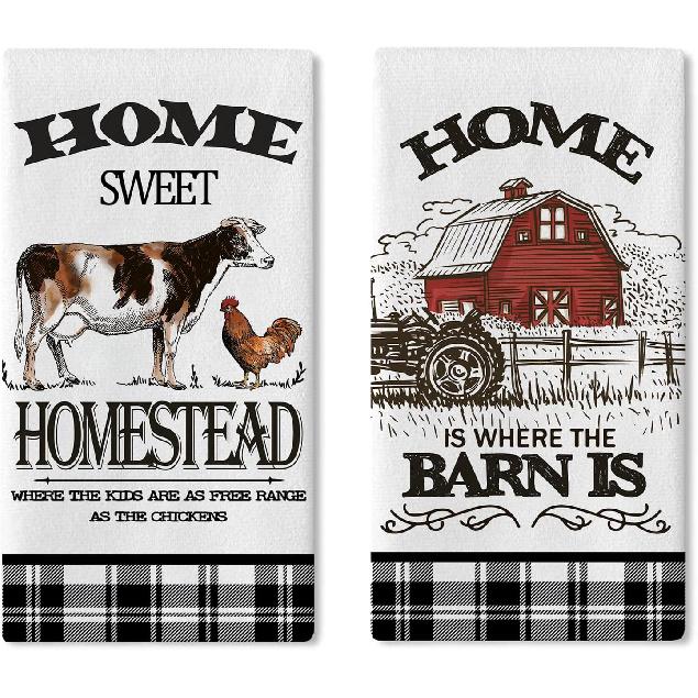 Farm Animals Kitchen Dish Towels Set of 2, Farmhouse Cow Rooster Barn Drying Hand Towel Baking Cooking Cloth, Homestead Tractor Sweet Home Decoration