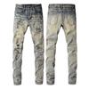 High Street Ink Graffiti Holes Patches Elastic Slim Jeans New Men's Jeans Straight Casual Trousers