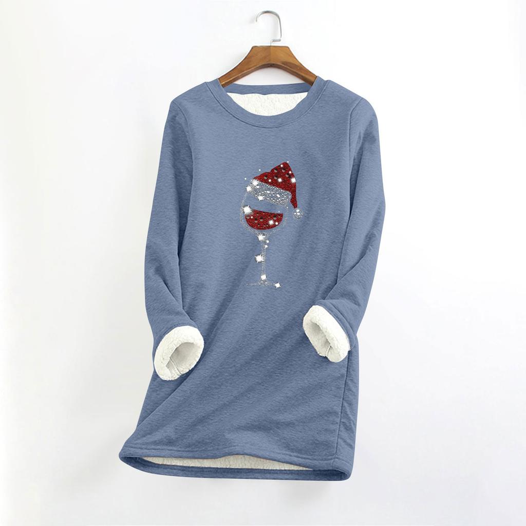 Женский круглый вырез с длинным рукавом и рождественским принтом, утолщенный плюшевый кашемировый теплый длинный топ