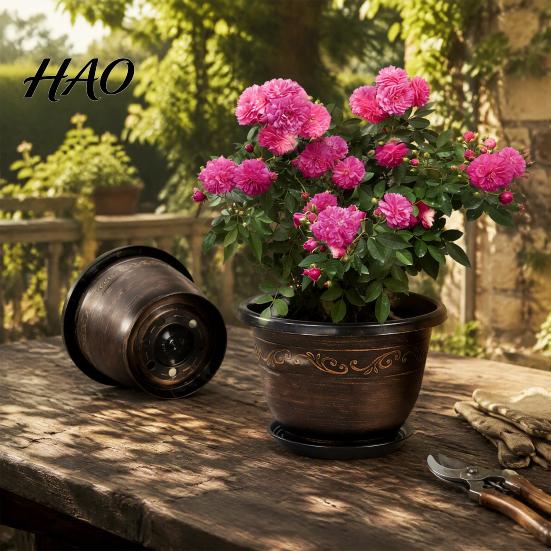 Balcony Garden Pots Resin Flower Planters, Vintage Plant Pot with Drainage Hole & Saucer, Lightweight Weather Resistant for Indoor Outdoor,