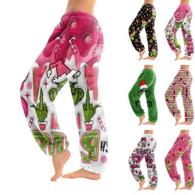 Женские брюки с рождественским принтом, манжетами на кулиске, повседневные брюки и пижама