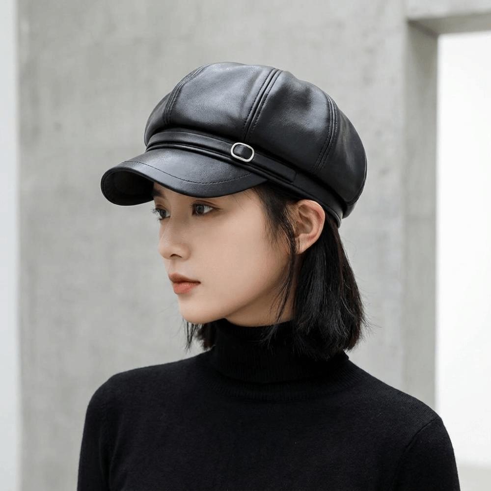 Versatile Leather Painter Hat Keep Warm Octagonal hat Fashion PU Beret Cap Daily