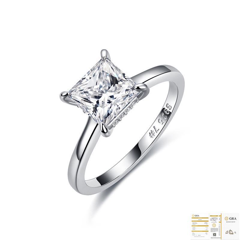 S925 Sterling Silver Princess Cut Moissanite Ring, Four-Prong Design, Full Moissanite.