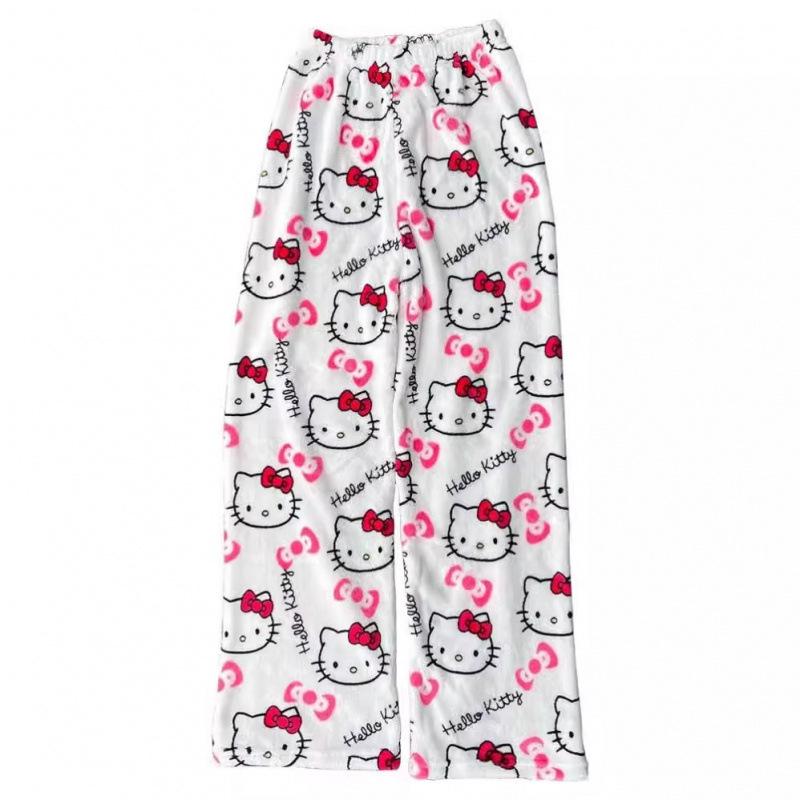 Женские Пижамные Штаны HelloKitty Мультяшные Флисовые Штаны для Отдыха на Хэллоуин Теплые с Флисовой Подкладкой Осень Зима