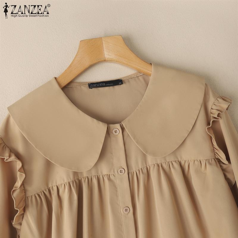 ZANZEA Женская свободная повседневная блузка с длинным рукавом и воротником-стойкой
