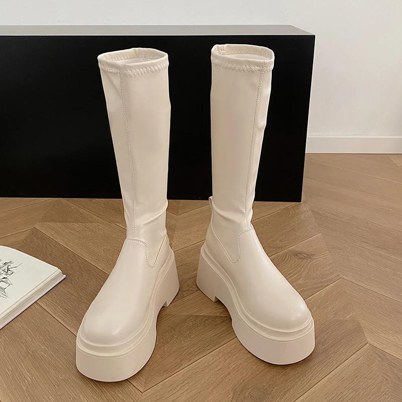 Платформа Толстый каблук Женские сапоги до колена Модные слипоны для похудения Длинные сапоги Осень Зима Женские увеличивающие сапоги