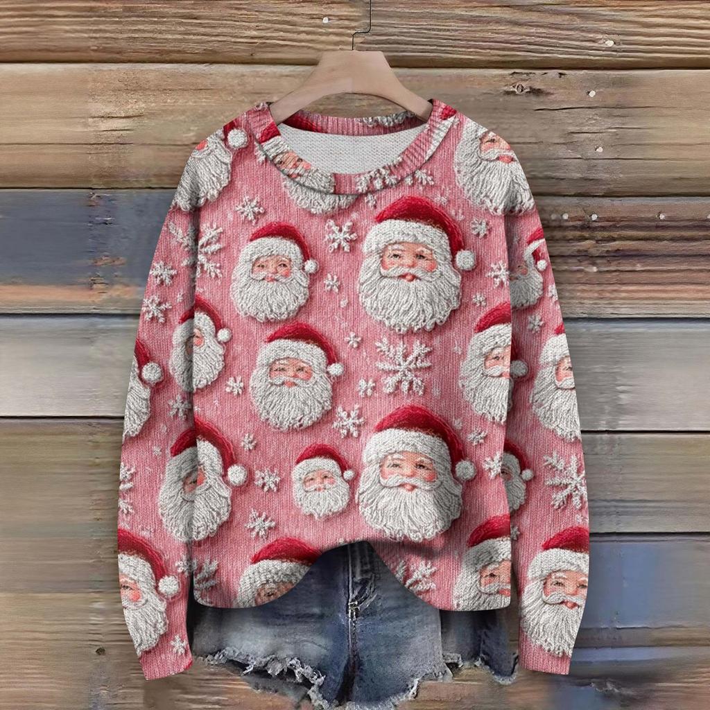 Long Sleeve Pullover Sweaters For Women O Neck Casual Cute Printing Knit Oversized Sweater