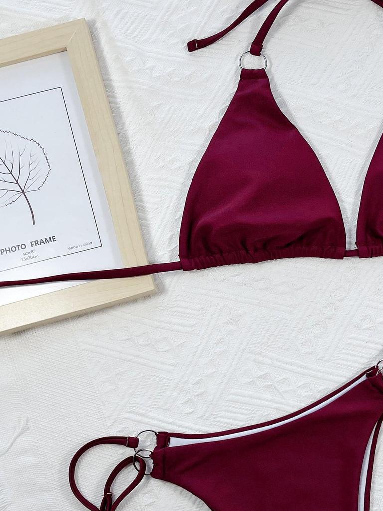 Women's Solid Color Split Swimsuit Triangle Back Tie Bikini Set