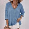 Fashion Solid Color Retro Casual and Versatile V-neck Seven Sleeve T-shirt Tops for Female Basic Commute Camisetas with Buttons