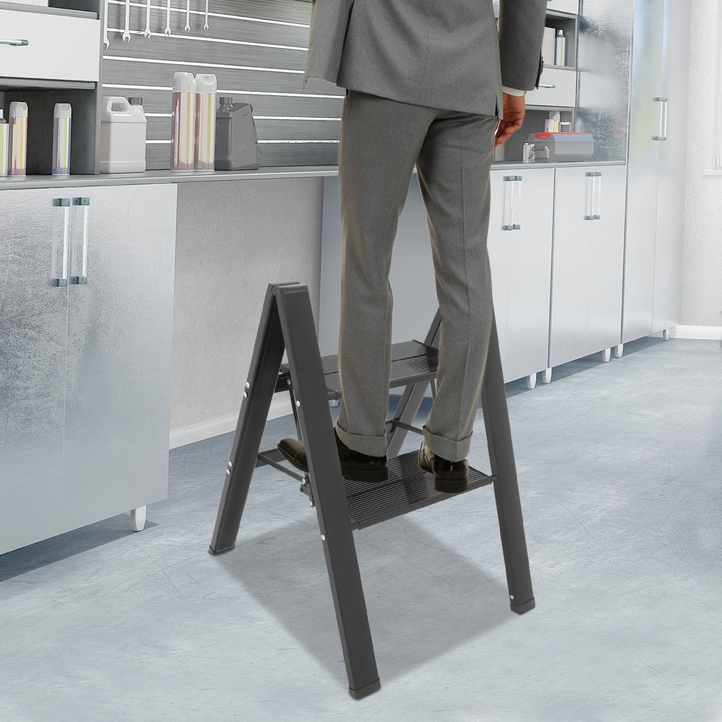 Black Aluminum Alloy Folding 2-Step Ladder, A-shaped Foldable Step Ladder Floorstanding 45*52cm Load 300kg for Balconies