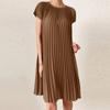 Women Casual O-neck Short Sleeve Summer Pleated Dress