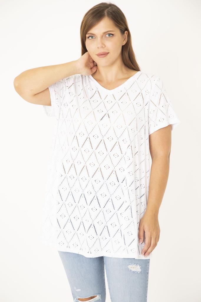 Женская блузка большого размера, белая блузка с короткими рукавами и v-образным вырезом из перфорированной ткани больших размеров