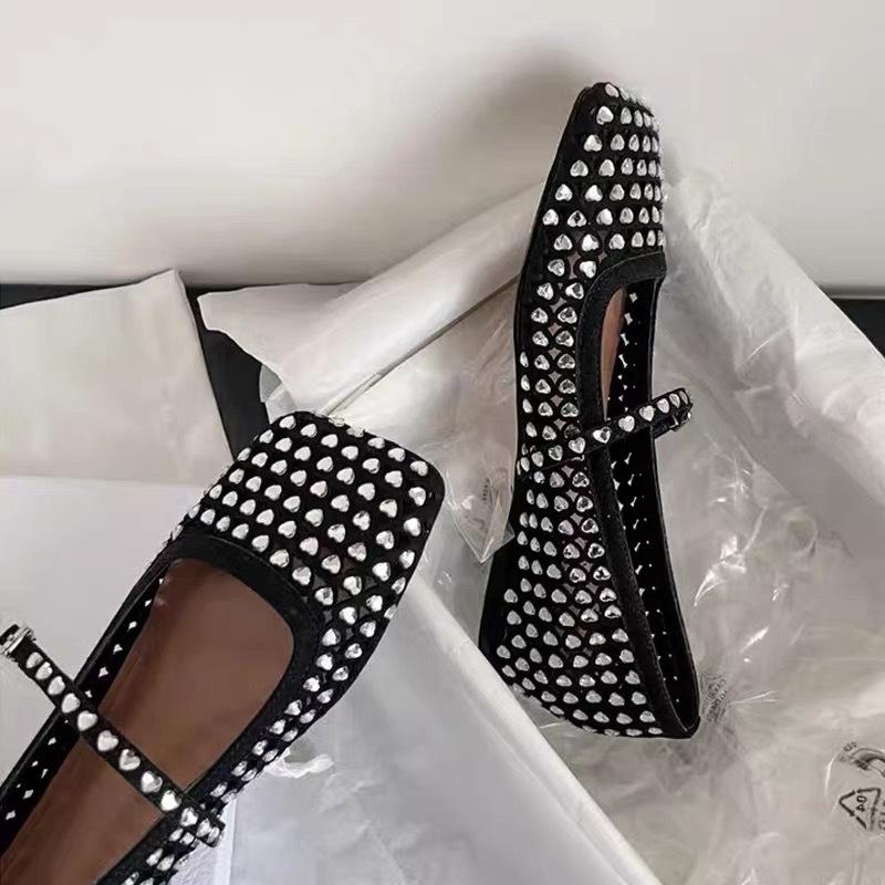 Sheepskin Version~ French Square Head Rhinestone One-word Buckle with Mary Jane Women's Shoes Inner Height Increase Shallow Mouth Ballet Single Shoe