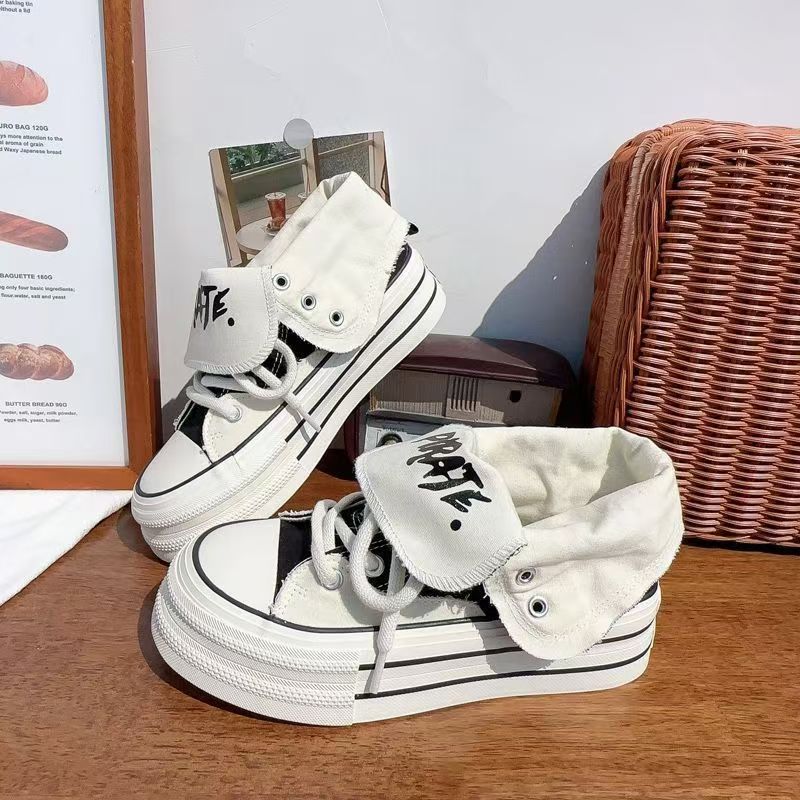 Niche Platform Canvas Shoes Women's Shoes 2025 Spring and Autumn New Fashion Design Casual Board Shoes High Top Two Shoes