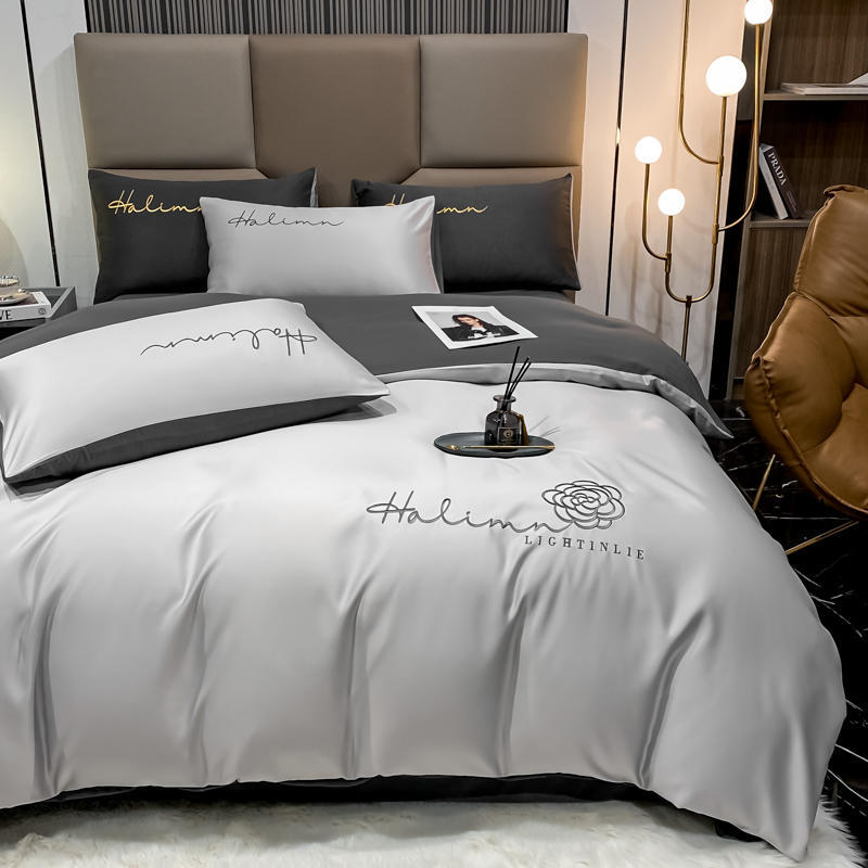 Комплект из четырех предметов из сатина из стираного хлопка, пододеяльник из ледяного шелка, простыня из шелковистой и прохладной ткани Tencel.