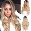 Women Gradient Black Blonde Long Wavy Wig 27 Inch Natural Long Curly Hair Wave Wig Synthetic Heat-resistant Fiber Wig