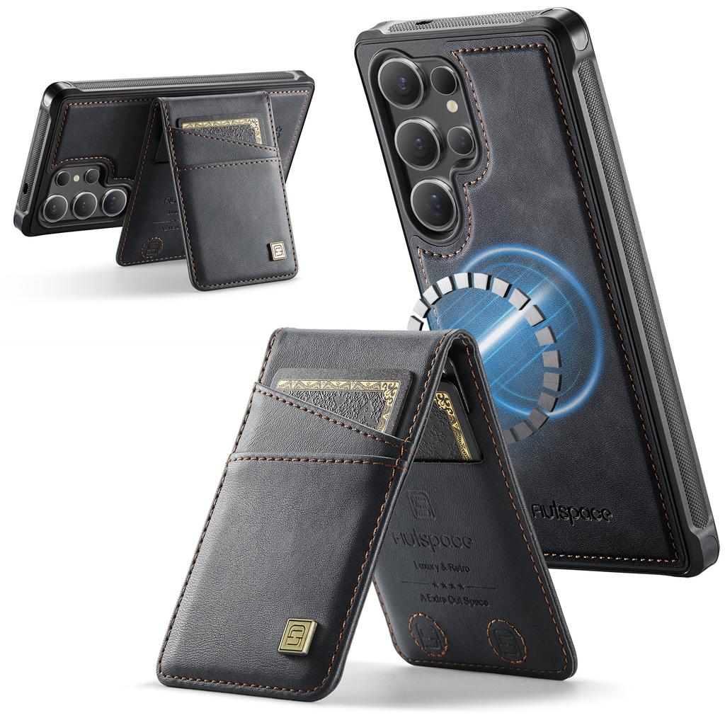 For Samsung Galaxy S24 Ultra Case AUTSPACE A12 Leather Back Cover with Magnetic Detachable Card Bag Kickstand