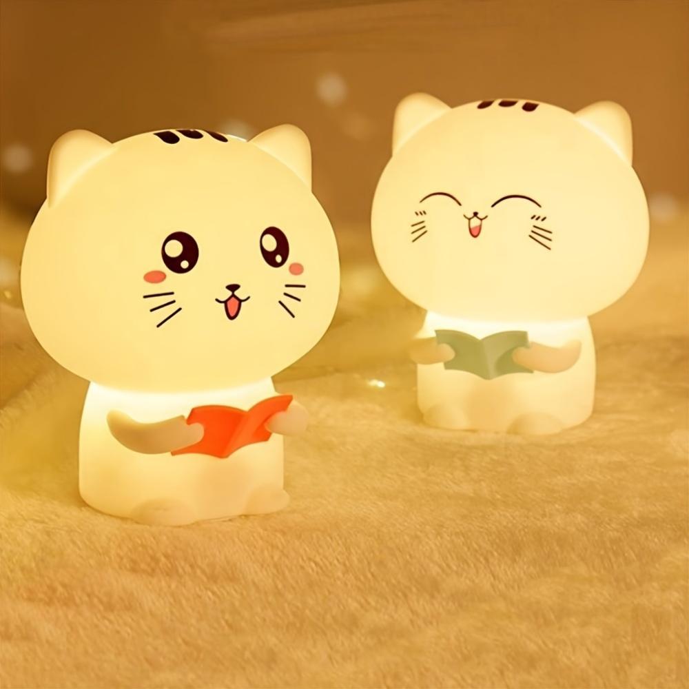 Cute Reading Cat Silicone Lamp, 7 Colors USB Rechargeable Touch Portable Light, Adjustable Lighting