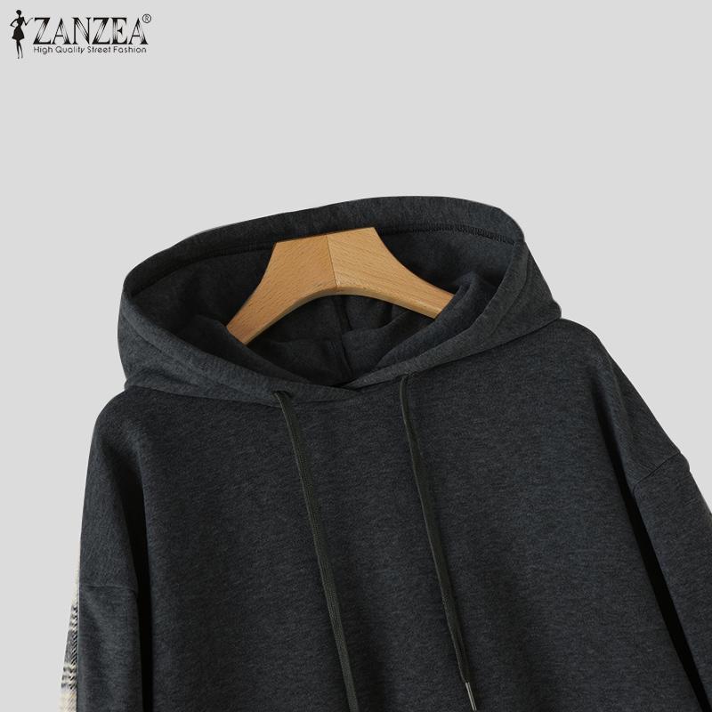 ZANZEA Женские повседневные худи пуловер с лоскутным принтом в клетку, свободного кроя, с длинными рукавами