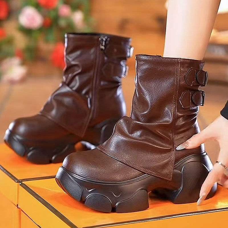 Height Increasing Pile Middle Tube Boots For Women, Autumn Winter New Fashion Versatile Short Boots, Thick Soled Snow Boots