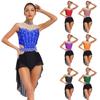Women Lyrical Dance Leotard Mock Neck Sleeveless Backless Rhinestones Color Block Mesh Patchwork Skirted Costume