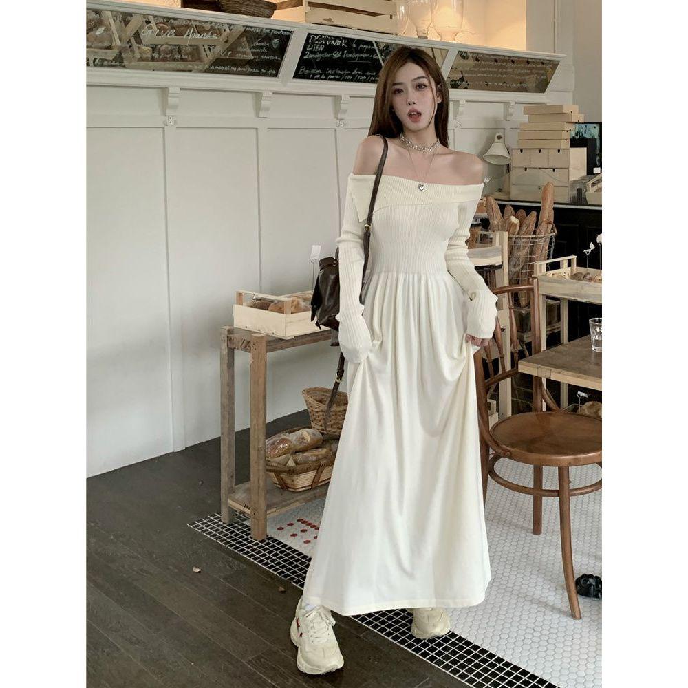 Женское французское трикотажное платье-свитер с длинным рукавом на одно плечо, приталенный осенне-зимний стиль