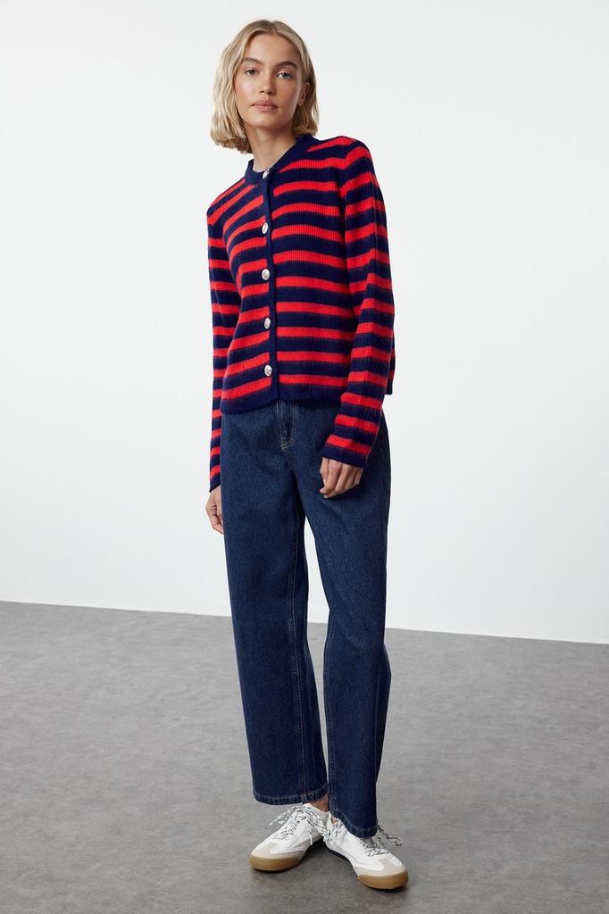 Women's Fashion Stylish Cardigan Navy Blue Soft Textured Striped Jacket Look Knitwear Cardigan