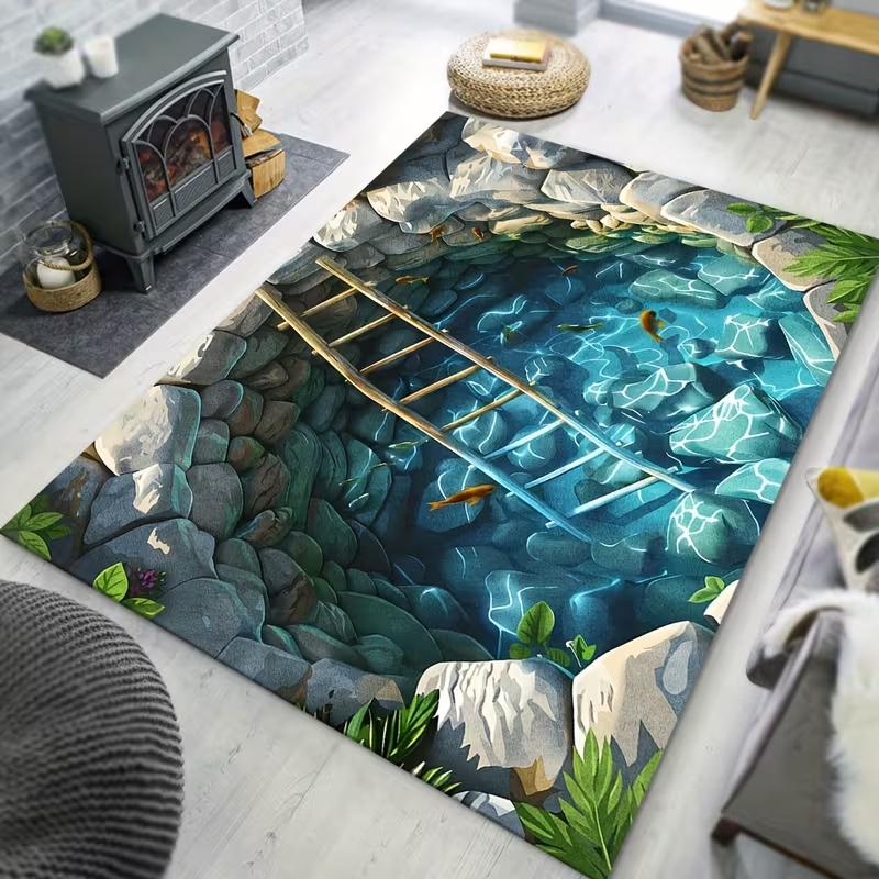 2D Illusion Stone Pool Ladder Goldfish Rug Non Slip Mat Creative Visual Effect Living Room Bedroom Entryway Decor Funny Carpet