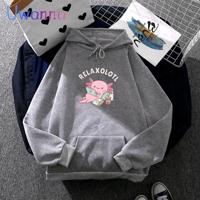 Симпатичные забавные женские толстовки с капюшоном Relax Axolotl с принтом, кавайные толстовки с капюшоном, повседневные женские топы с графикой, одежда с капюшоном