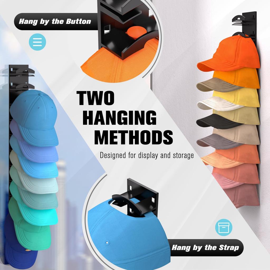 Органайзер для бейсболок, вешалка для шляп на стену с сильным клеем для 10 шляп, многослойный органайзер для хранения кепок с двумя вариантами крепления( черный)