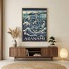 Used A2 Art Poster, Ukiyo-e Style, Wave, Mt. Fuji, Lighthouse and Sailboat, Japanese Modern Seascape, Blue-Green, Interior Display, No Frame, 31