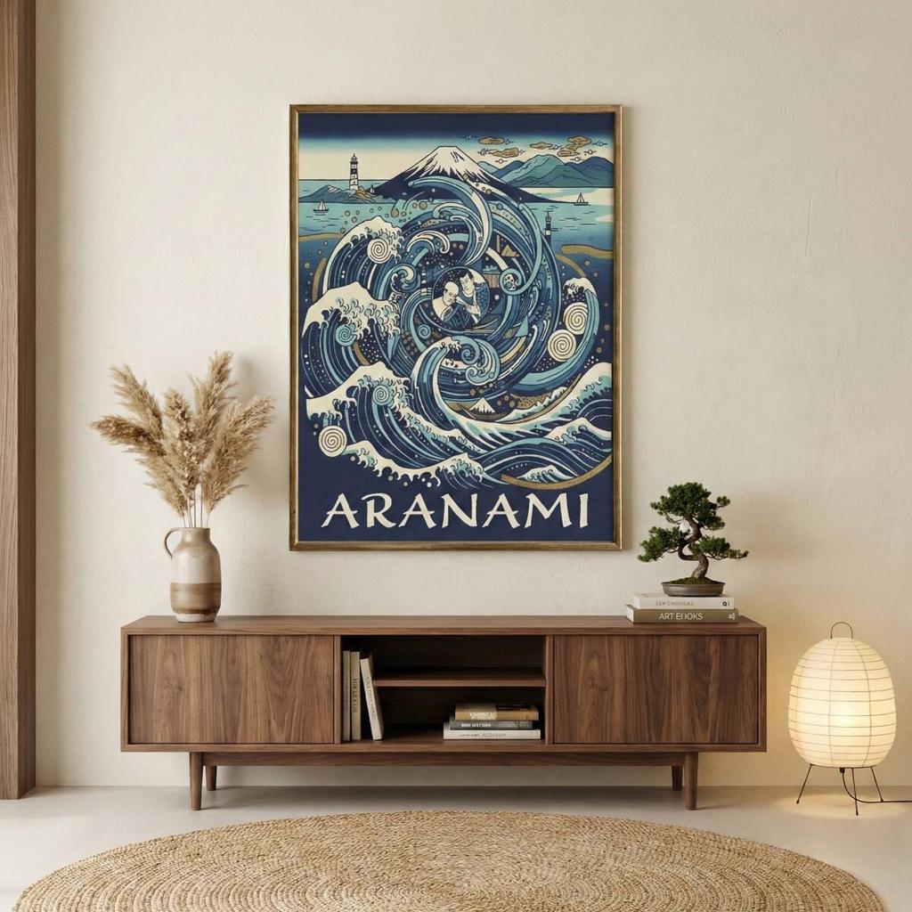 Used A2 Art Poster, Ukiyo-e Style, Wave, Mt. Fuji, Lighthouse and Sailboat, Japanese Modern Seascape, Blue-Green, Interior Display, No Frame, 31