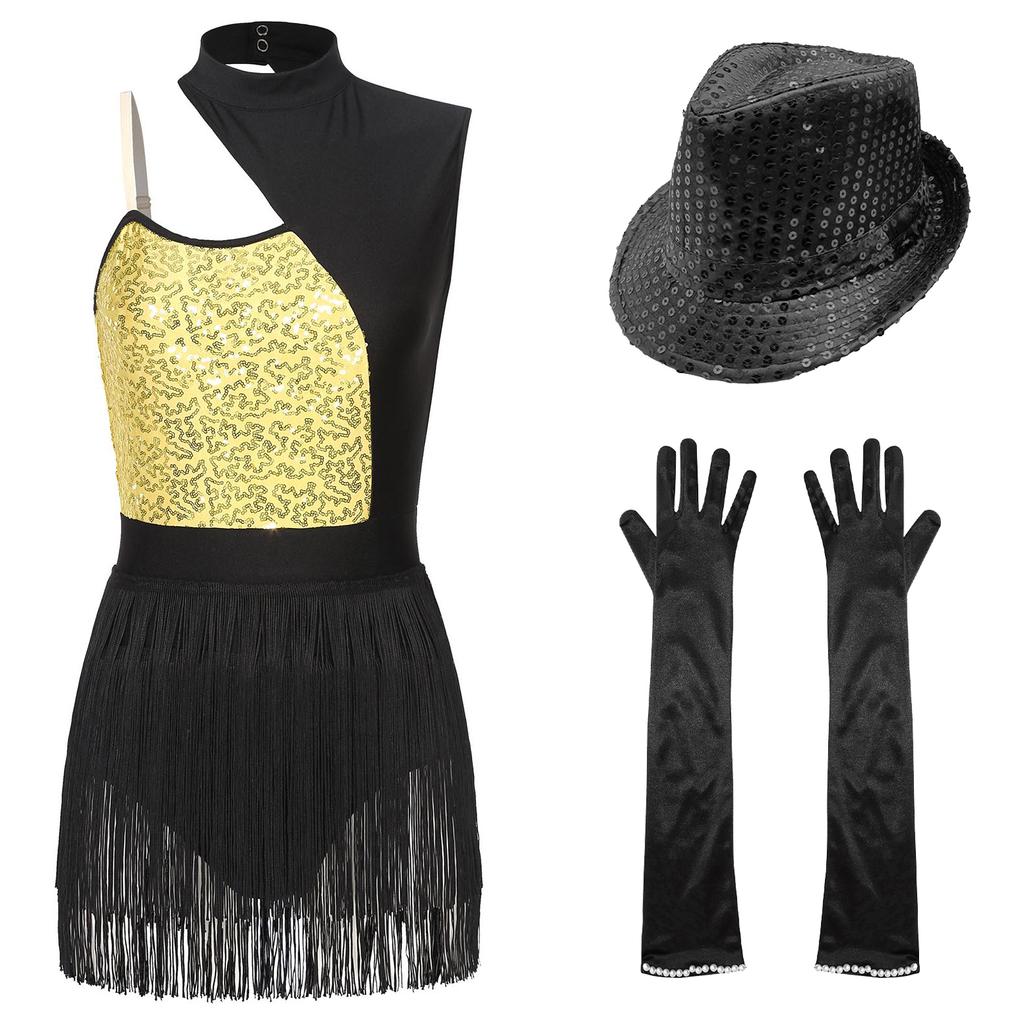 Womens Latin Jazz Dance Outfit Cutout Sleeveless Leotard Shiny Sequins Contrast Color Patchwork Fringed Bodysuit Gloves Hat