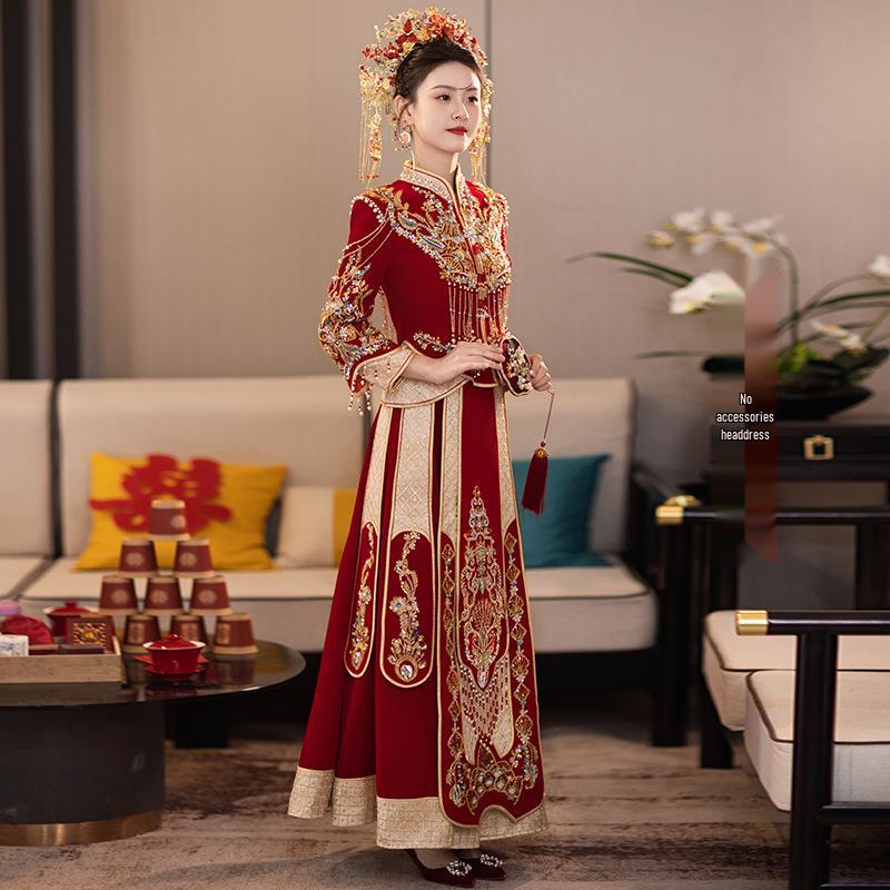 2026 Xiuhe Velvet Bride's Departure Dress - High-End Chinese Wedding & Toasting Attire for Couples