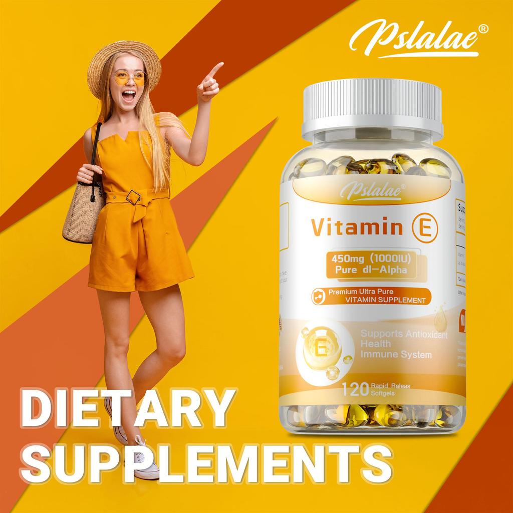 Vitamin E capsules - rich in calcium, magnesium, and multiple vitamins - promote skin health and immunity.
